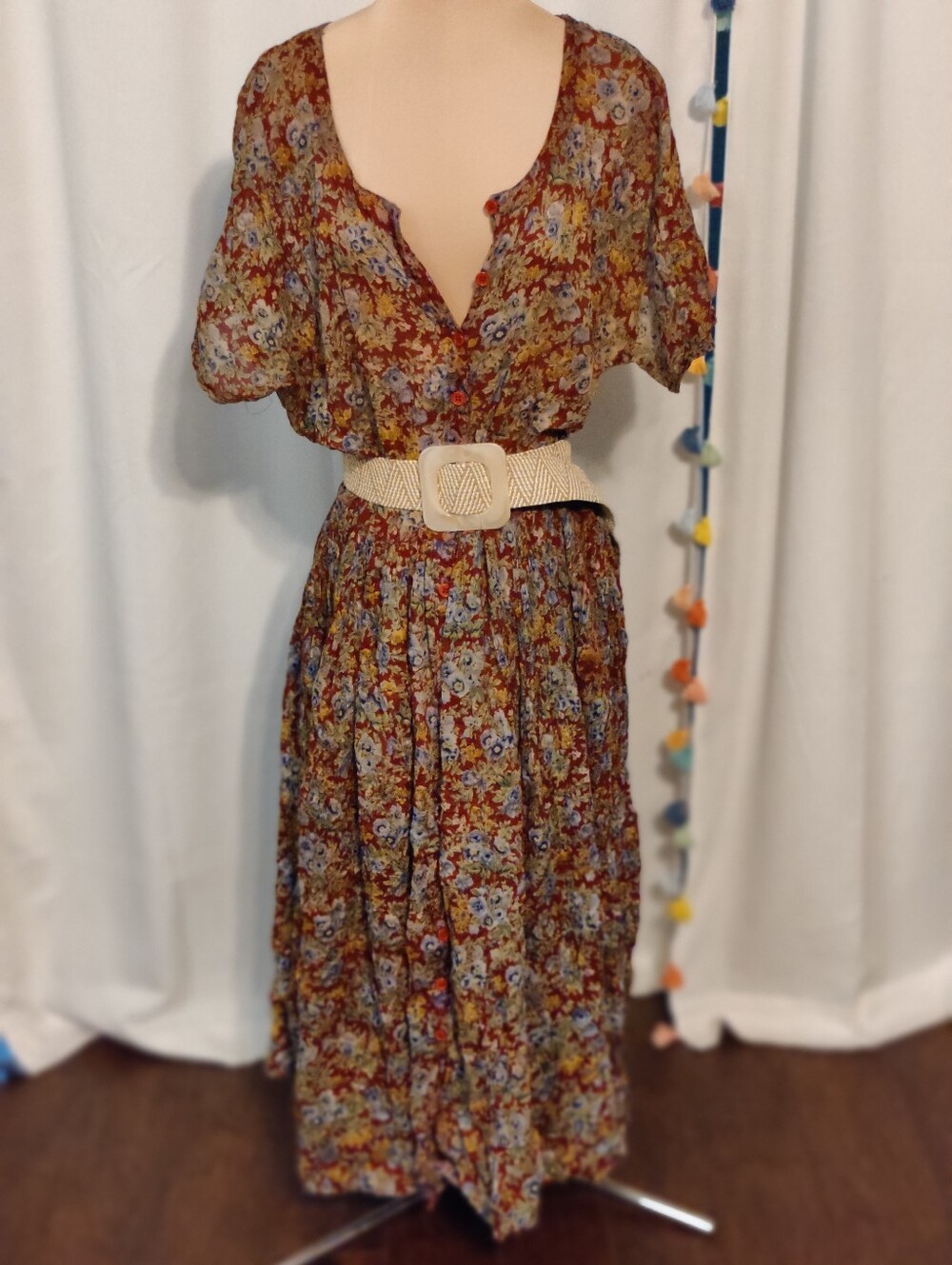 Vintage India Gauze Floral Paperthin Colorblock Maxi Dress Layering Piece LG